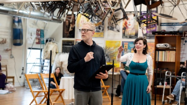 Follies rehearsal. Anthony Rapp, Angela Ingersoll. Porchlight Music Theatre.