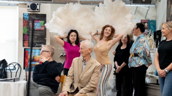 Follies rehearsal. Anthony Rapp, Jim Harms, Anastasia Arnold, Teagan Early. Porchlight Music Theatre.